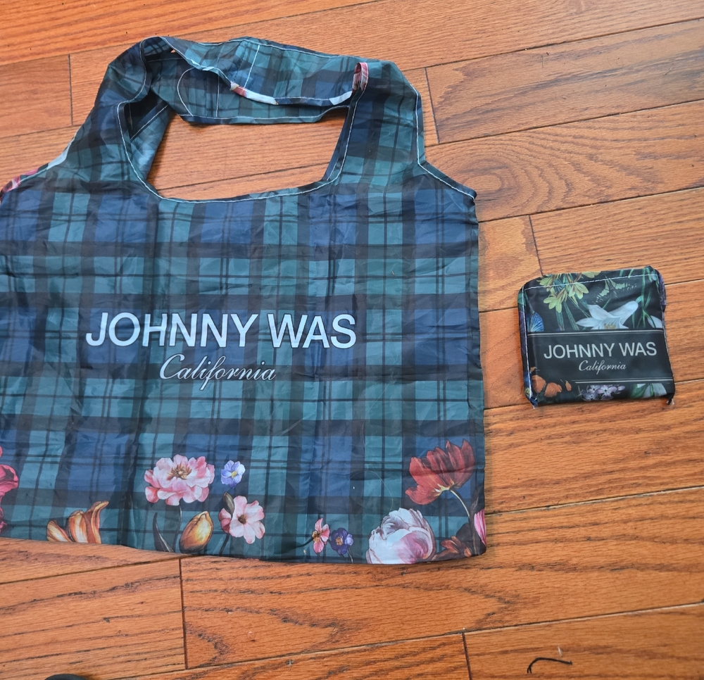 Johnny Was Green & Navy Plaid Foldable Floral Tote